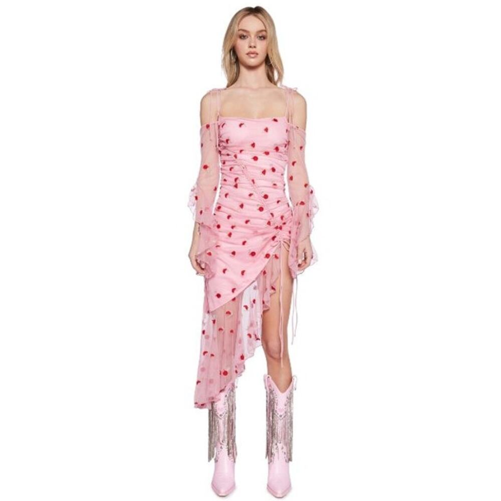 NWT Sugar Thrillz Evening Shade Mesh Embroidered Floral Dress Pink Womens Small